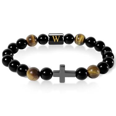 Imagem de YOTHIWAD Pulseira masculina com iniciais e letras, olho de tigre natural, contas de ônix, pulseira elástica feita à mão, presente para homens, 1 Pack, Sem Pedra Preciosa