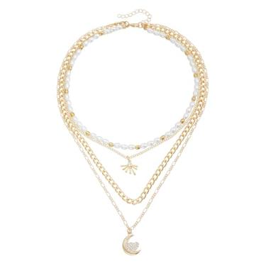 Imagem de MYANAIL Colar em camadas banhado a ouro para mulheres, corrente delicada, colar gargantilha com contas de pérola, zircão, lua, presente, empilhável, moderno, conjunto de joias de ouro para mulheres