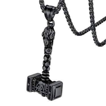 Imagem de FaithHeart Colar de martelo do Thor Viking, aço inoxidável/prata esterlina Vegvisir Mjolnir Amuleto com corrente de trigo resistente Preto