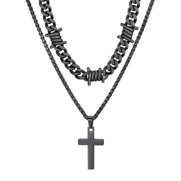 Imagem de ChainsHouse Colar de cruz em camadas para homens, aço inoxidável/preto/banhado a ouro, cubano/arame farpado com pingente de cruz/crucifixo conjunto de joias religiosas para presente para pai, marido