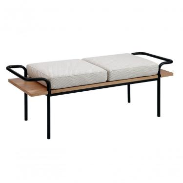 Imagem de Banco Madeira Estofado Almofadas Tecido Bege Pés Metal Preto 1,45x0,46x0,50mt