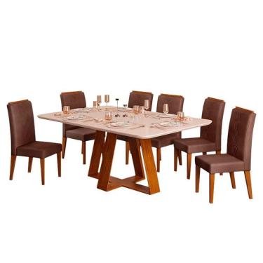 Imagem de Mesa de Jantar Kiara 160cm Com 6 Cadeiras Yasmin D04 Freijó/Veludo Moca - Mpozenato