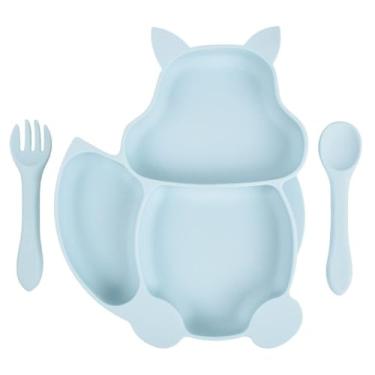 Imagem de Prato Infantil Silicone de Gatinho com Divisórias, Ventosa e Talheres (Azul)