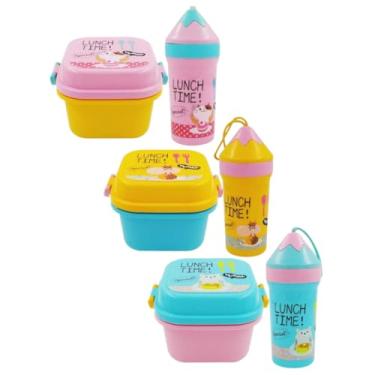 Imagem de Kit Marmita Infantil com Talher de Plástico e Garrafa Copo Lápis de 350ML Lancheira Escolar Crianças Creche Alimentação