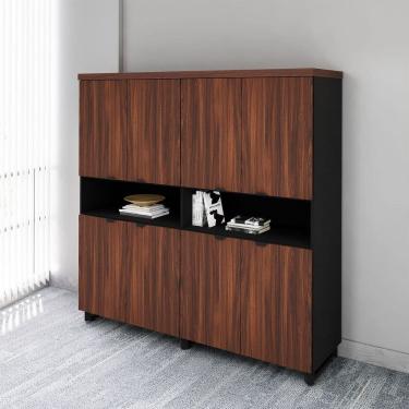 Imagem de Armário Estante Para Escritório com 8 Portas de Abrir e 2 Nichos F5 Office Louro Preto com Preto