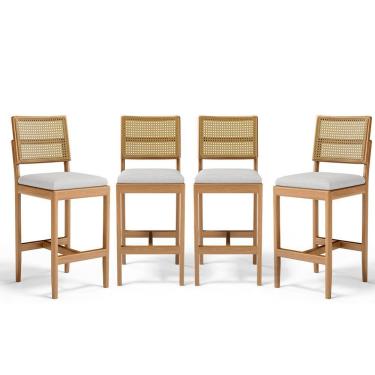 Imagem de Kit Com 4 Banqueta Milena Madeira Maciça Assento Estofado Encosto De Tela Palha Sextavada Linho Cinza 407