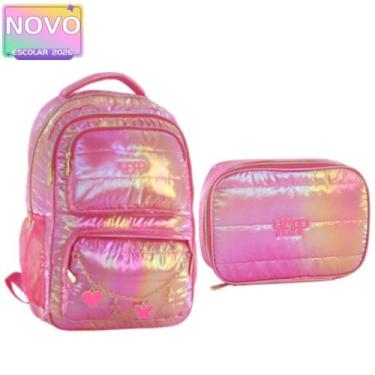 Imagem de Kit Mochila Costas Metalizado Rosa Lilás Grande Escolar Com Estojo Box