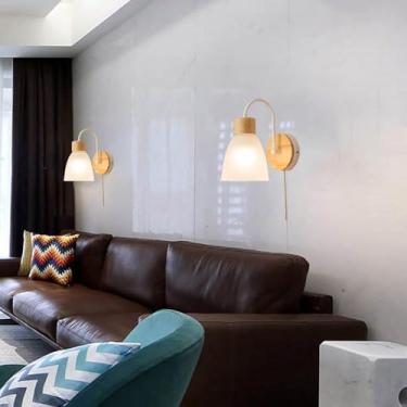 Imagem de Luminária de parede interna moderna com interruptor de cordão, luminária de parede de metal, arandela de vidro para quarto, E27, luminária de pescoço de ganso industrial, rústica, de madeira