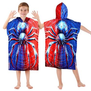 Imagem de Toalhas de praia com capuz para crianças de 2 a 6 anos, lindo tema de aranha para meninos, saída de banho para banheiro, 56 x 66 cm, poncho de toalha de banho azul de secagem rápida, perfeito para