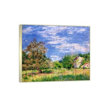 Imagem de Impressão em tela famosa pintura paisagem arte de parede - pomar na primavera - pôster moldura prata para decoração de casa 70 x 85 cm 27 x 33 pol