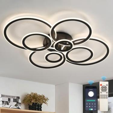 Imagem de Luminária de teto LED com controle remoto regulável 3000 6000K Lustre preto embutido para quarto, sala de estar, sala de jantar, moderno, 8 anéis, lâmpada de teto redonda