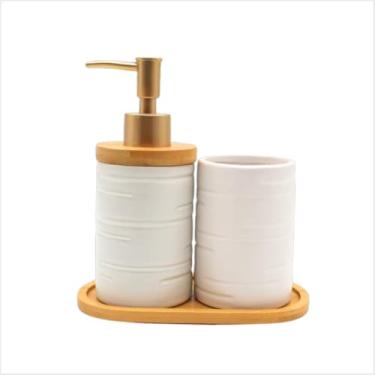 Imagem de Jogo Banheiro Kit Lavabo Porcelana Sabonete Escova Bandeja Branco