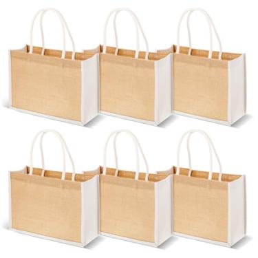 Imagem de MAQUITA Pacote com 6 sacolas de serapilheira, sacolas de presente de juta reutilizáveis com alças, bolsa de praia resistente à água, 30 x 13 x 21 cm, sacola de compras de lona para damas de honra