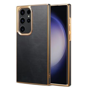 Imagem de Umiup Capa de couro genuíno para Samsung Galaxy S23 Ultra/S23 Plus/S23, capa de telefone galvanizada ultrafina com proteção de lente capa luxuosa macia, azul, S23 Plus de 6,6 polegadas