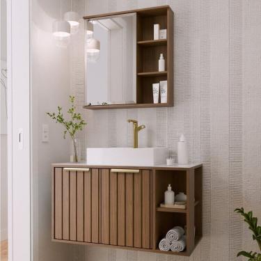 Imagem de Gabinete Suspenso Banheiro Noruega 80cm com Cuba e Espelheira Treviso Freijó