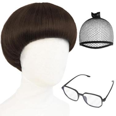 Imagem de Peruca IMEYLE Brown Short Bowl Cut Sintética com Boné e Óculos