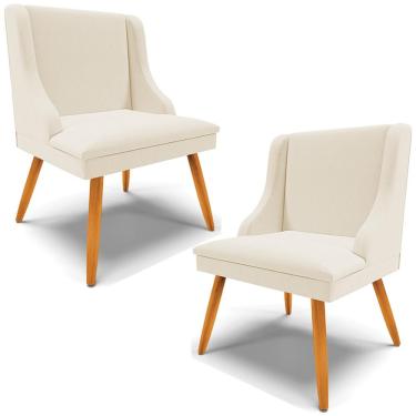 Imagem de Kit 2 Poltronas Decorativas Pés Palito de Madeira Firenze Linho Bege/Natural - Gran Belo