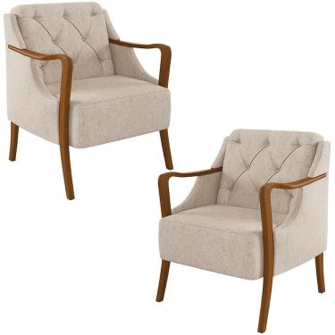 Imagem de Kit 2 Poltronas Decorativas Braços em Madeira Hand Linho Bege - Gran Belo