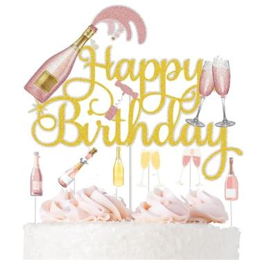 Imagem de LZGXZF 7 peças de topo de bolo de feliz aniversário adultos festa bolo topper Cheers tema festa de aniversário decoração suprimentos ouro rosa glitter cervejas copo de vinho bolo comemoração para