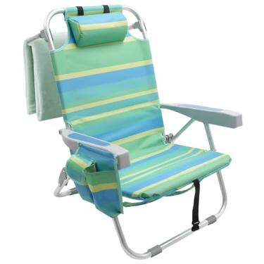 Imagem de Cadeira de praia baixa para adultos, mochila reclinável portátil de alumínio dobrável com suporte para copos, bolso grande para uso ao ar livre/gramado/piquenique/pesca