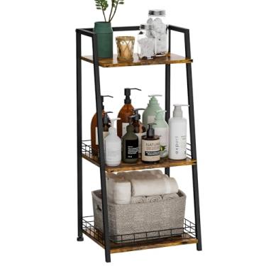 Imagem de Prateleira de banheiro de 3 camadas com cerca, organizadores de banheiro retrô e suporte de armazenamento, estante de madeira com molduras de metal, prateleiras clássicas de armazenamento de piso