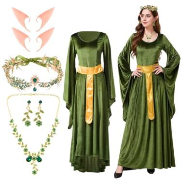 Imagem de Mepase Conjunto de fantasia feminina de Halloween, vestido renascentista, com orelhas de elfo, colar de strass e brincos para cosplay de férias, Verde, M