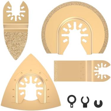 Imagem de QUWUMGD Conjunto de lâminas de serra oscilante de carboneto de diamante 4 peças de liberação rápida misturada oscilante multi ferramenta lâmina universal semicírculo dedo triângulo corte reto lâmina