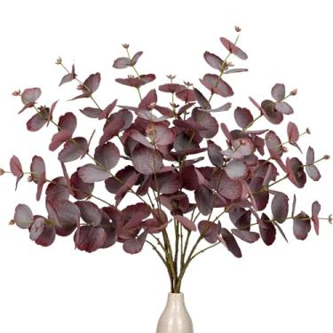 Imagem de GnFlus 5 peças de hastes artificiais de eucalipto borgonha outono folhas falsas plantas altas 76 cm de seda vermelha hastes de eucalipto ramos decoração de arranjo floral outono, planta sintética,