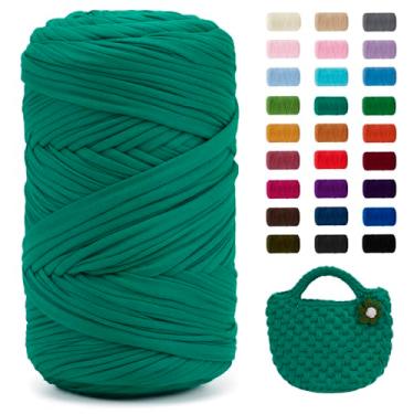 Imagem de JeogYong Fio de camiseta, 400 g/130 metros de tecido elástico para crochê, fita grossa de tecido de poliéster para sacos de crochê/cestas/tapetes, decoração de casa, artesanato DIY (azul pavão)