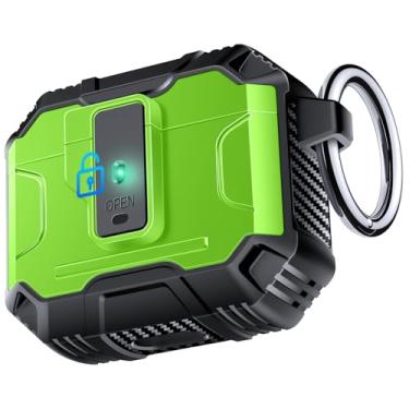 Imagem de Capa Amoured AutoPOP para AirPods 4ª geração com trava e chaveiro, proteção resistente de 360° e mecanismo de abertura de 1-clique, compatível com capa de bloqueio MagSafe AirPods 4 - verde grama