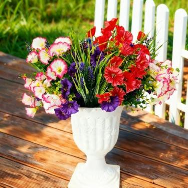 Imagem de Aisamco Flores de seda artificial para decoração ao ar livre, 12 pacotes de flores falsas, glória da manhã colorida com eucalipto, plantas falsas, vegetação, resistente a UV, para plantador de porta