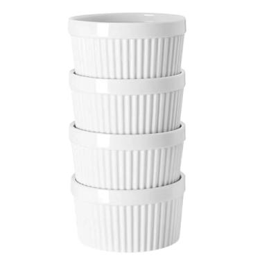 Imagem de Fonteme Conjunto de 4 ramequins canelados de cerâmica branca de 59 ml – Pratos de ramekin seguros para forno para assar, suflê, creme, sobremesa, molho de sobremesa, tigelas de preparação – Utensílios