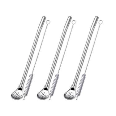 Imagem de 6 canudos de aço inoxidável 304 de grau alimentício 16 cm de comprimento para chá de erva mate com 3 colheres e 3 escovas de limpeza