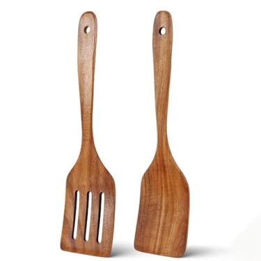 Imagem de Conjunto de espátula de madeira para panelas antiaderentes, conjunto de utensílios de cozinha de 2 peças com espátula ranhurada e espalhador sólido para virar, mexer e escorrer