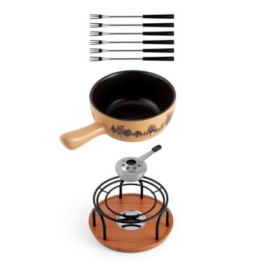 Imagem de Swissmar Jura Conjunto de Fondue de Queijo e Chocolate Cerâmica, 2,65 L / 2,8 QT – 9 Peças para Fondue com Panela de Cerâmica, Garfos, Queimador e Base de Madeira de Faia – Perfeito para Encontros de