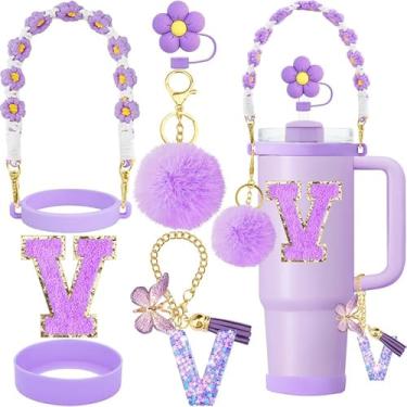 Imagem de ZYBIDEAL Conjunto de acessórios de copo de 7 peças para Stanley, alça de flor de malha para Stanley, topo de palha de flor de 1 cm, bota de silicone, adesivo inicial, chaveiro de bola difusa com letra