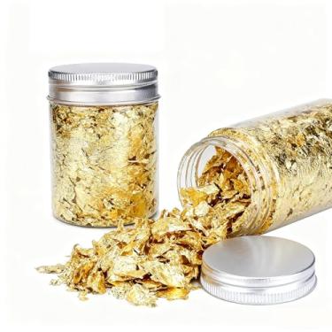 Imagem de 2 frascos, flocos de folha dourada, flocos dourados, flocos de folha dourada, imitação para pintura de unhas, artes, artesanato, decoração de joias de resina (dourado)
