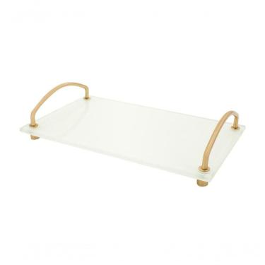 Imagem de Bandeja Organizadora Bancada Vidro Branco 25x15 Alça Dourada