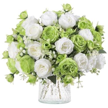 Imagem de Floweroyal 4 cachos de flores artificiais de peônia, flores verdes, buquês de peônias de seda para mesa de festa de casamento, arranjo floral, decoração de cozinha