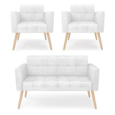 Imagem de Kit 1 Sofá Namoradeira E 2 Poltronas Elisa Corano Branco Pés Palito Natural - D'rossi