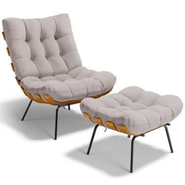 Imagem de Poltrona Costela L02 Com Puff Linho Bege - Lyam Decor