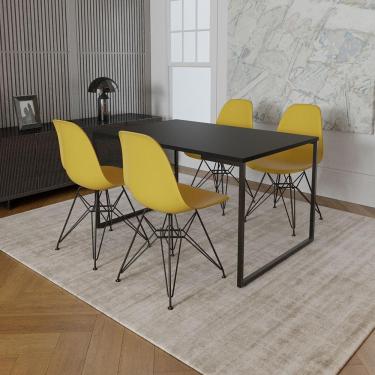 Imagem de Mesa Industrial Base Ferro Preto 137X90 Tampo Preto 4 Cadeiras Eiffel Ferro Preto Assento Amarelo