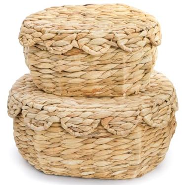 Imagem de Eorbow Pacote com 2 cestas de armazenamento de vime com tampa, caixas decorativas de vime de borda recortada, caixas tecidas à mão para prateleira, organizador de exibição de jacinto para decoração de