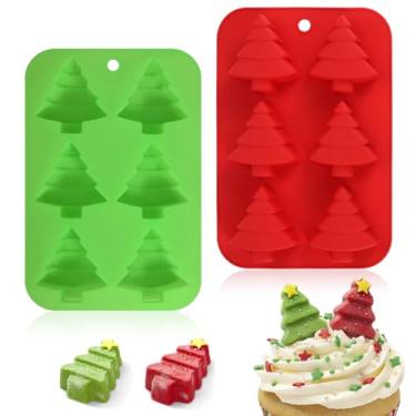 Imagem de 2 peças de moldes de silicone para árvore de Natal, vermelho, verde, 6 cavidades, formas de chocolate para assar molde de bolo vermelho verde 3D molde de silicone para cupcakes, muffin, doces, geleia
