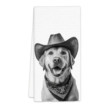 Imagem de Presentes Flicy Labrador Retriever Toalhas de cozinha para cães ocidentais, presentes para amantes de labrador retriever Cowboy decorativo prato de mão toalha de chá para cozinha, cachorro engraçado