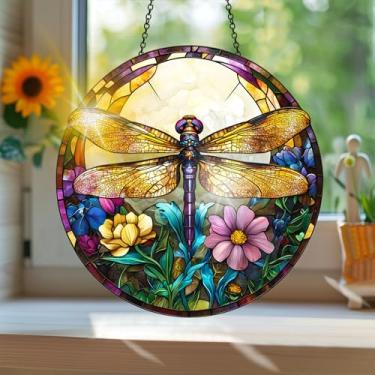 Imagem de Acrílico colorido Suncatcher, apanhador de sol estilo vitral impresso libélula com reflexos de arco-íris, decoração de janela suspensa, decoração de parede, ornamentos de Natal para uso interno e