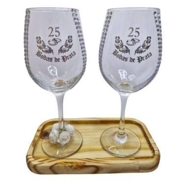 Imagem de Kit 2 Taças Vidro Bandeja Boda Prata 25 Anos Luxo + Presente