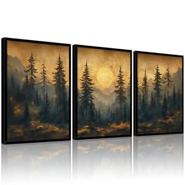 Imagem de Quadro emoldurado, 3 peças, vintage, floresta de pinheiros, arte de parede, natureza, paisagem, lua cheia, impressão em tela, pôster, pinturas de floresta enevoada, decoração de parede para sala de