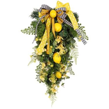 Imagem de Compatível com luzes de bateria, guirlanda de mola para pendurar em árvore artificial com limão, flores com e, 40 x 70 cm, decoração interna e externa, amarelo e verde