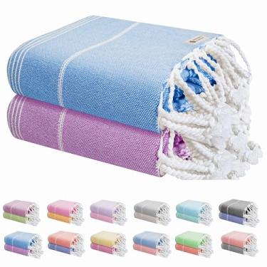 Imagem de HEIRLOOM COMFORT Pacote com 2 toalhas de praia turcas, grandes 101 x 180 cm, secagem rápida, sem areia, absorvente, 100% algodão, leve, piscina, viagem, lavável na máquina - azul turquesa e magenta